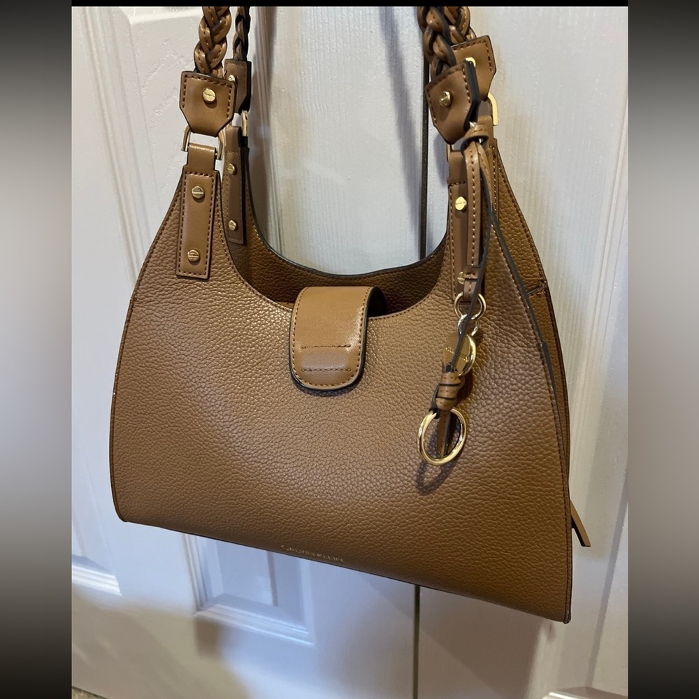 Calvin Klein Tan Leather Braided-Handle Satchel - Picture 6 of 9